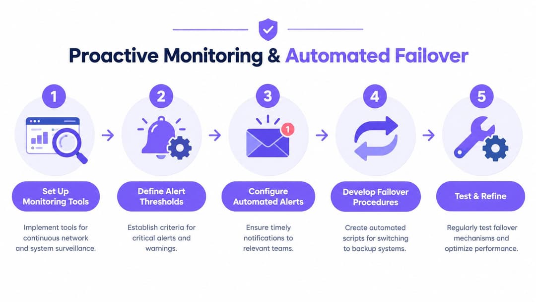 Une infographie en cinq étapes montrant le processus de surveillance proactive et de basculement automatisé pour la fiabilité du système.