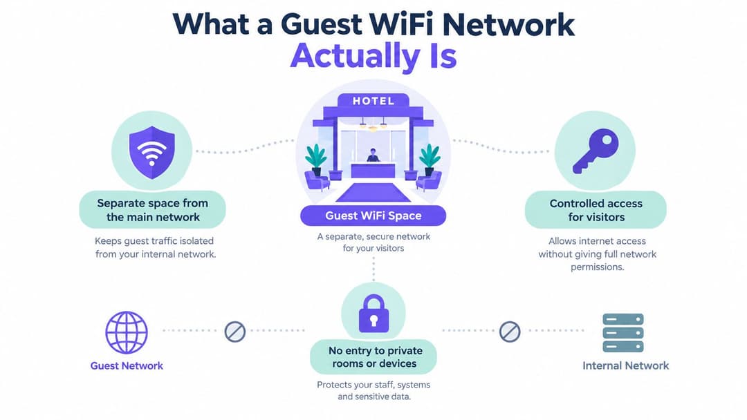 解释安全的 guest WiFi 网络如何为酒店访客提供隔离的互联网接入的信息图。
