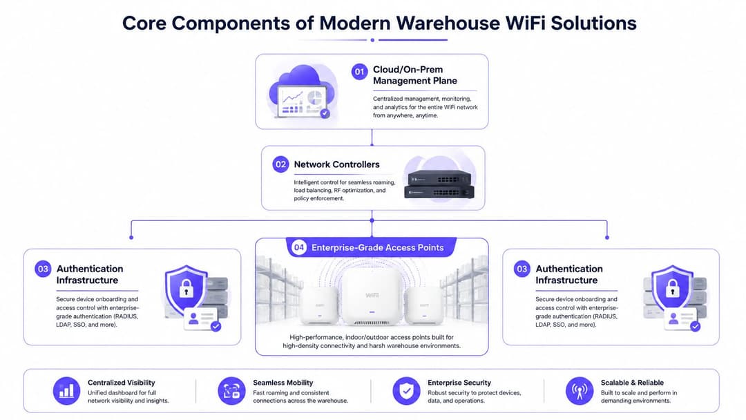 展示现代仓库 WiFi 解决方案核心组件的图表,包括云管理、网络控制器和接入点。