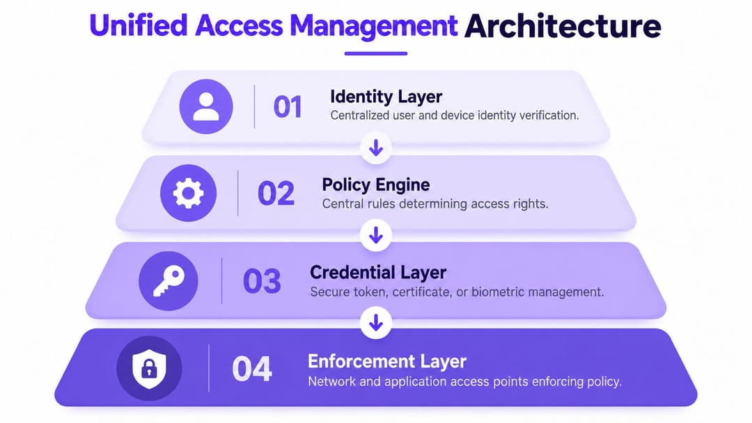 A four-layer pyramid diagram illustrating the Unified Access Management Architecture with identity, policy, credential, and enforcement layers.
