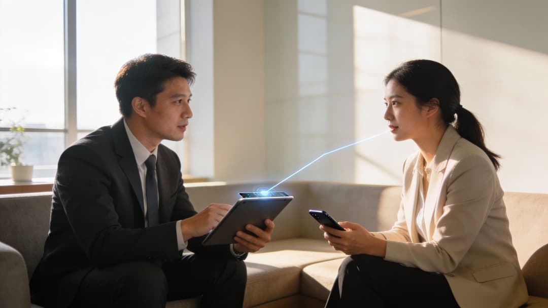 A professional man and woman discussing digital data transfer between their tablet and smartphone devices.