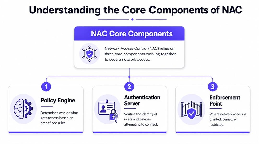 An infographic showing the three core components of Network Access Control: policy engine, authentication server, and enforcement point.