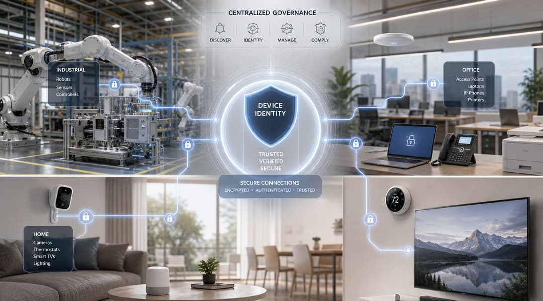 A diagram illustrating centralized governance for securing interconnected industrial, office, and smart home IoT devices.