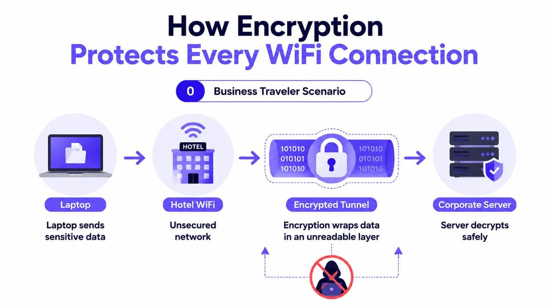 सार्वजनिक WiFi वरून लॅपटॉपमधील संवेदनशील माहिती डेटा एन्क्रिप्शन कशा प्रकारे सुरक्षित करते हे दर्शवणारा आकृतीबंध.