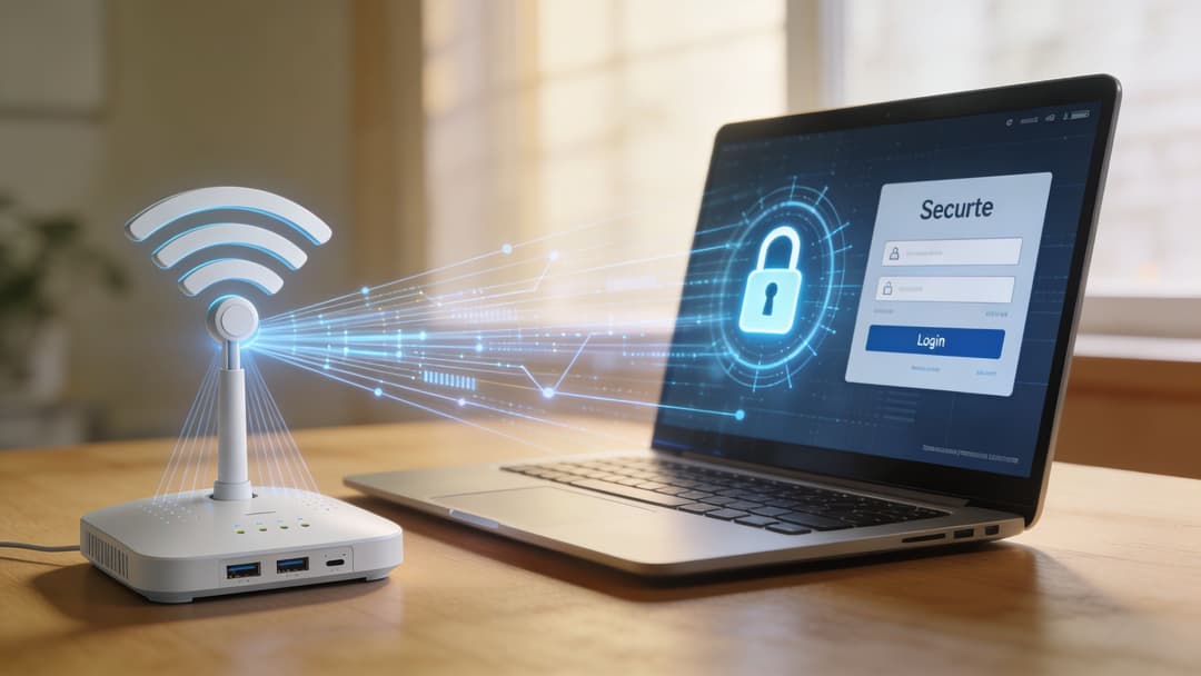 A wireless router transmitting a secure network connection to a laptop screen displaying a login portal.