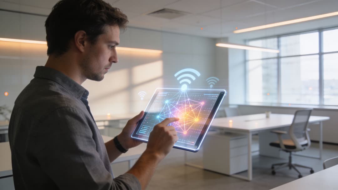 A professional man holding a transparent tablet displaying a digital network connection with WiFi icons.