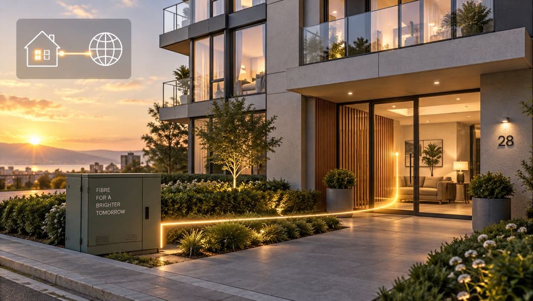 Uma caixa de fibra óptica do lado de fora de um edifício residencial moderno representando uma conexão de internet banda larga de alta velocidade ao pôr do sol.