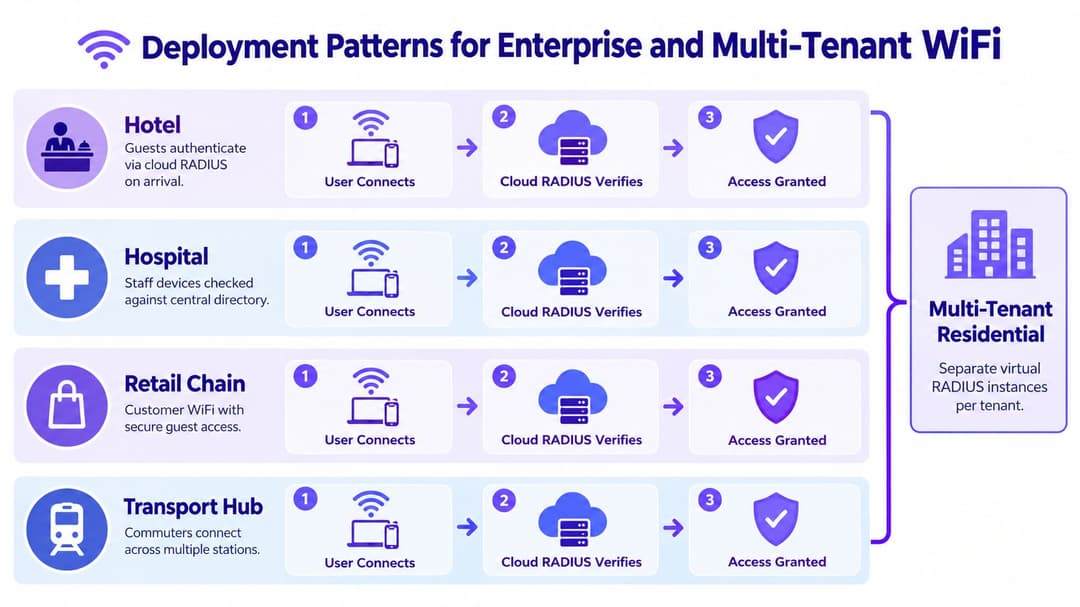 Un schéma illustrant les modèles de déploiement cloud RADIUS pour les hôtels, hôpitaux, chaînes de magasins et hubs de transport.