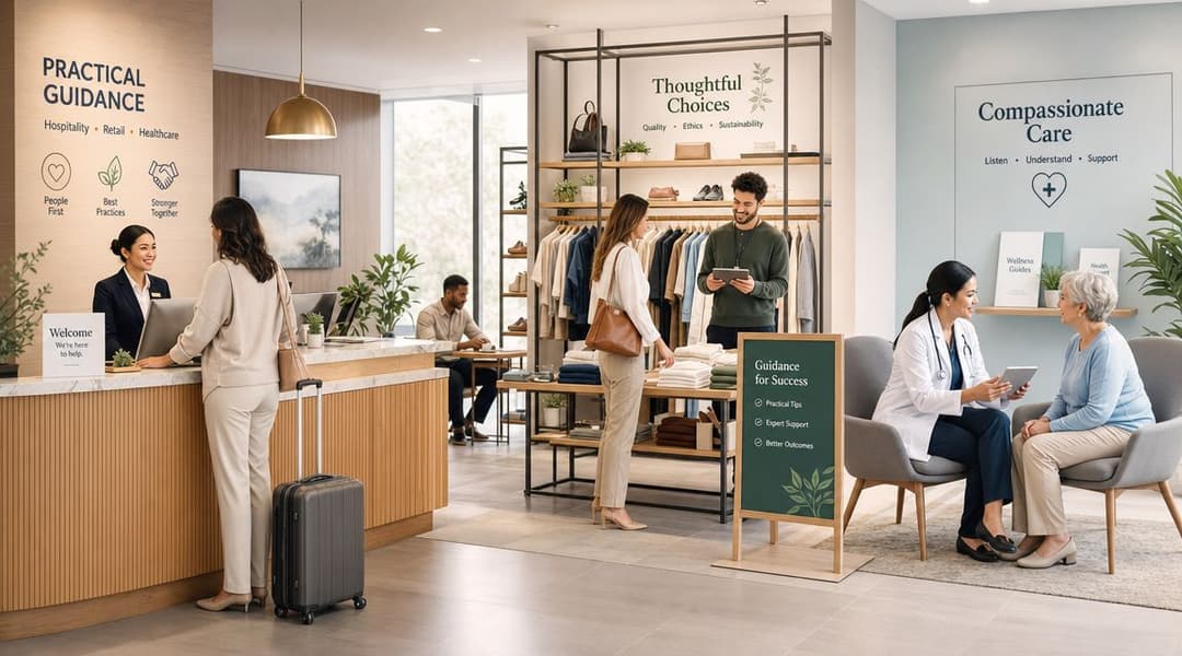 Un moderno centro servizi multiuso che mostra dipendenti che assistono i clienti in ambienti orientati al retail, all'ospitalità e alla sanità.