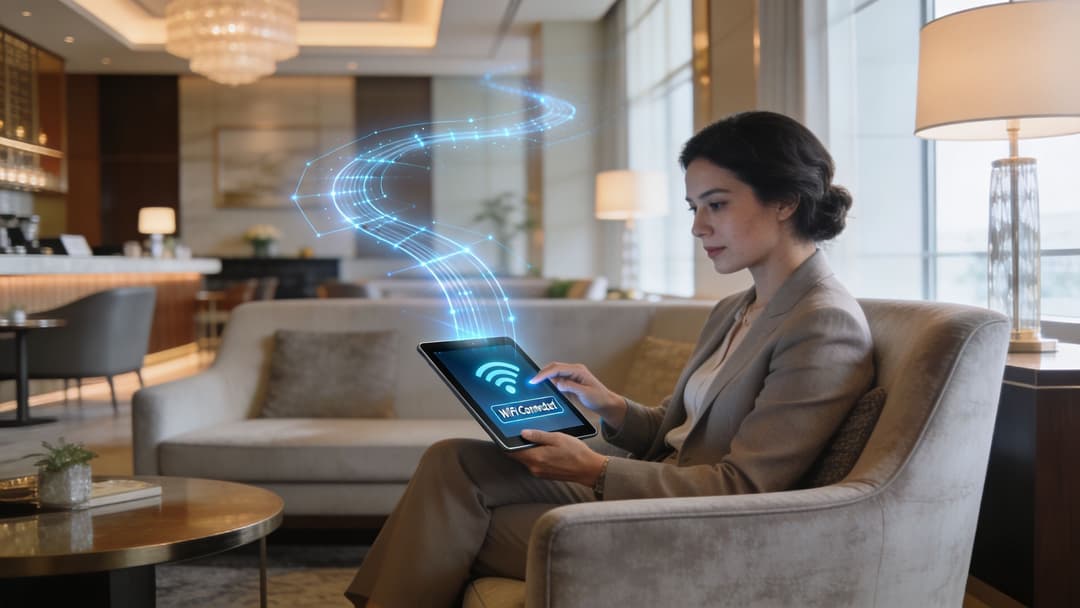 A professional woman sitting in a hotel lobby using a digital tablet with a holographic network connection symbol.