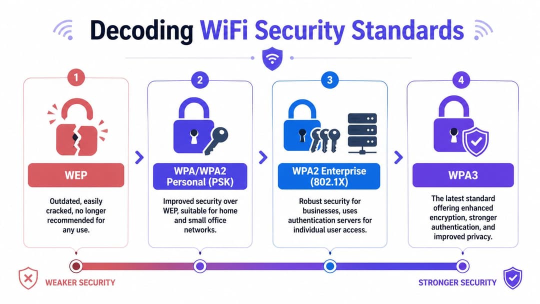An infographic showing the evolution of WiFi security standards from the insecure WEP to the robust WPA3.