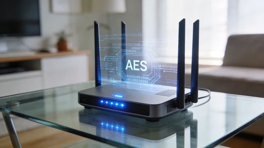A modern wireless router with a digital holographic overlay displaying the text AES on a glass table.
