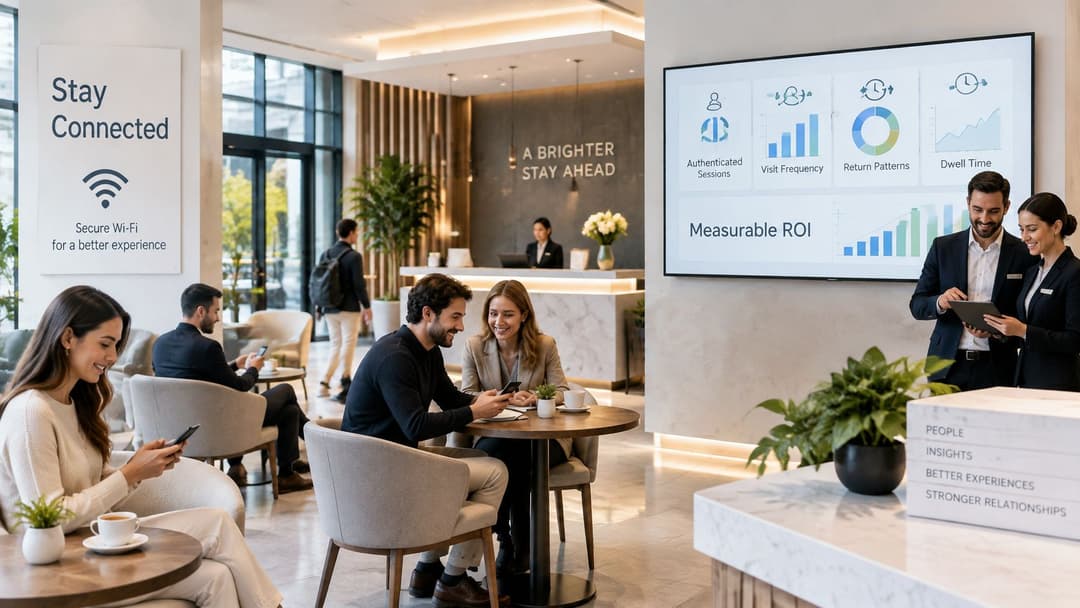 Une scène de hall moderne montrant des personnes utilisant des appareils mobiles près d'un écran affichant des données et des analyses WiFi.