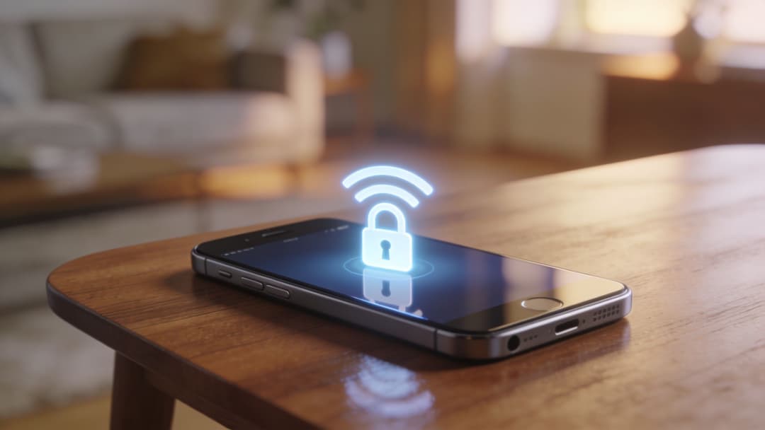 Um smartphone apoiado em uma mesa de madeira exibindo um cadeado de segurança digital brilhante e o símbolo do WiFi.