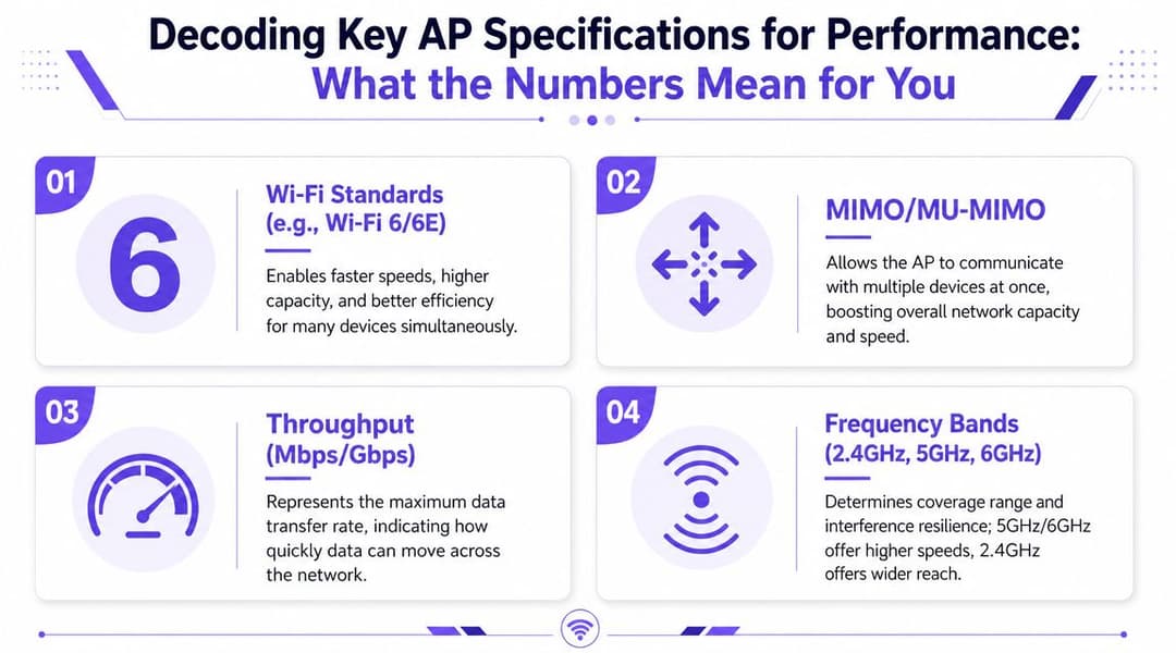 Um infográfico intitulado Descodificar as Especificações Principais do AP para Performance, destacando normas de Wi-Fi, MIMO, rendimento e bandas de frequência.