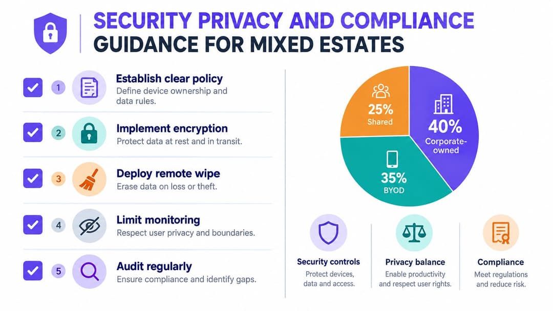 Un'infografica intitolata Security Privacy and Compliance Guidance for Mixed Estates che mostra cinque passaggi e un grafico a torta.