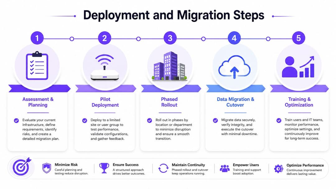 A diagram illustrating the five key steps of a deployment and migration process for IT infrastructure.