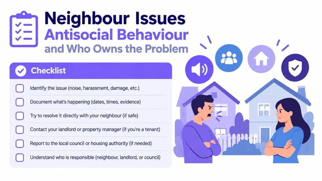 A checklist for dealing with antisocial behaviour and neighbour disputes, illustrated with a frustrated couple arguing.