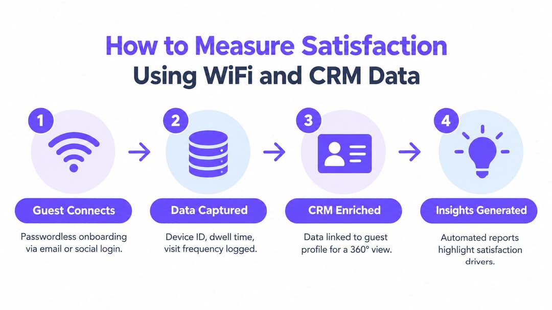 A four - step infographic illustrating how guest satisfaction is measured using WiFi connectivity and CRM data integration.