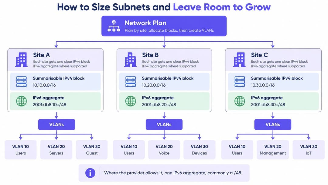 A diagram illustrating how to organize network subnets and VLANs across multiple sites for scalability.