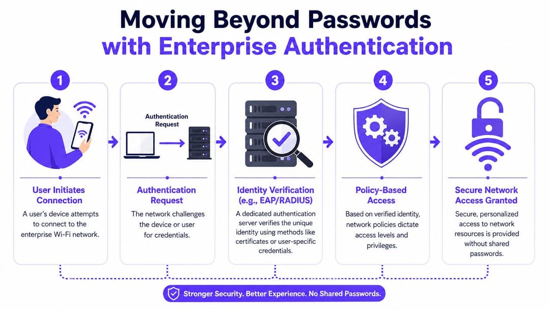 A five-step infographic showing how enterprise Wi-Fi authentication works without using shared passwords for network security.