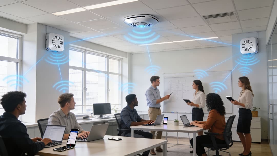 A professional team working in a modern office with smart air quality sensors and connectivity visualization.