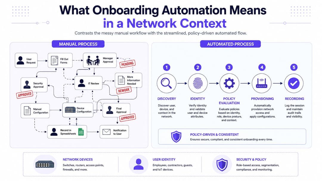 A diagram comparing a chaotic manual network onboarding process to a streamlined, automated five-step workflow.