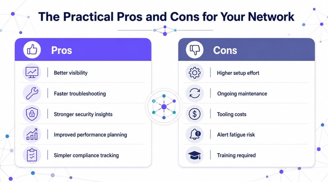 A comparison chart showing the practical advantages and disadvantages of managing network infrastructure.