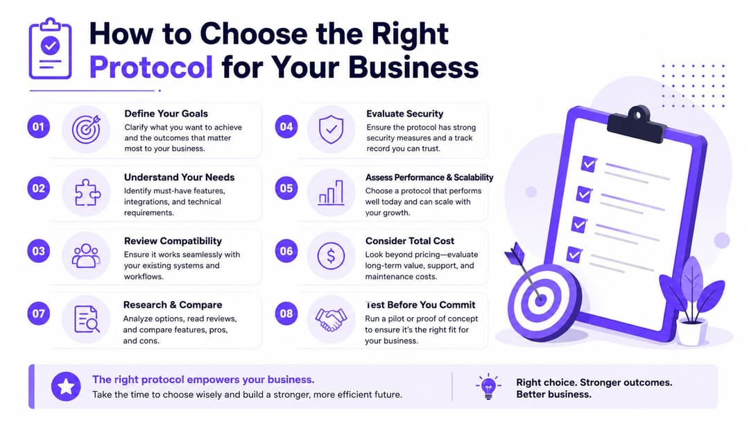 Un'infografica intitolata Come scegliere il protocollo giusto per la tua azienda che presenta una checklist in otto passaggi.