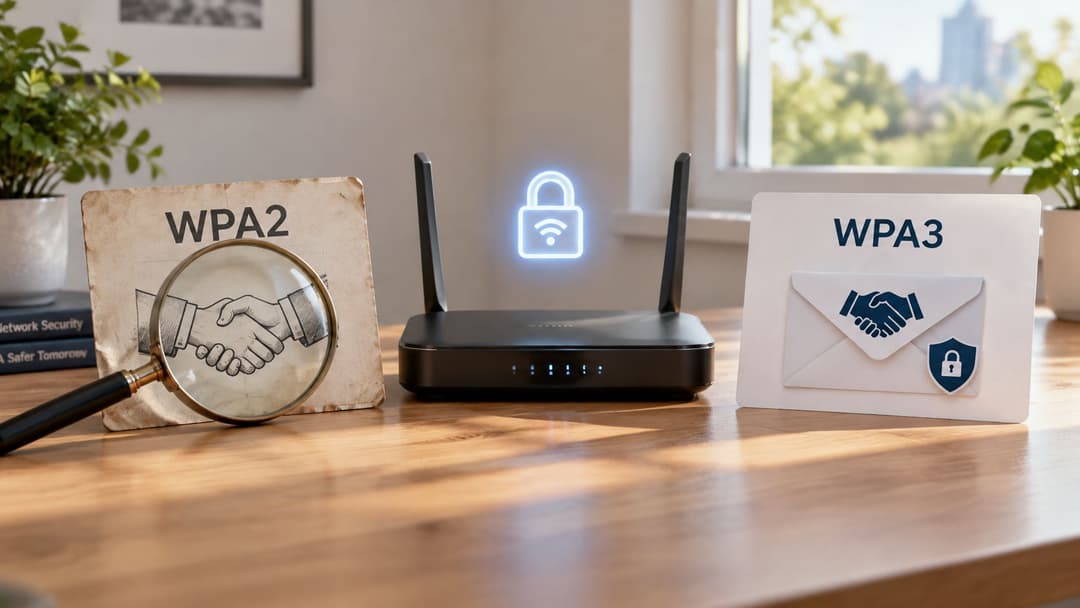 Un router inalámbrico sobre un escritorio entre señales que comparan el protocolo de enlace WPA2 más antiguo y los estándares de seguridad WPA3 más recientes.