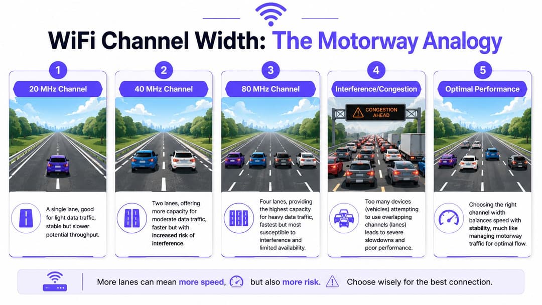 Una infografía que explica el ancho de canal de WiFi utilizando la analogía de los carriles de la carretera y el flujo de tráfico.