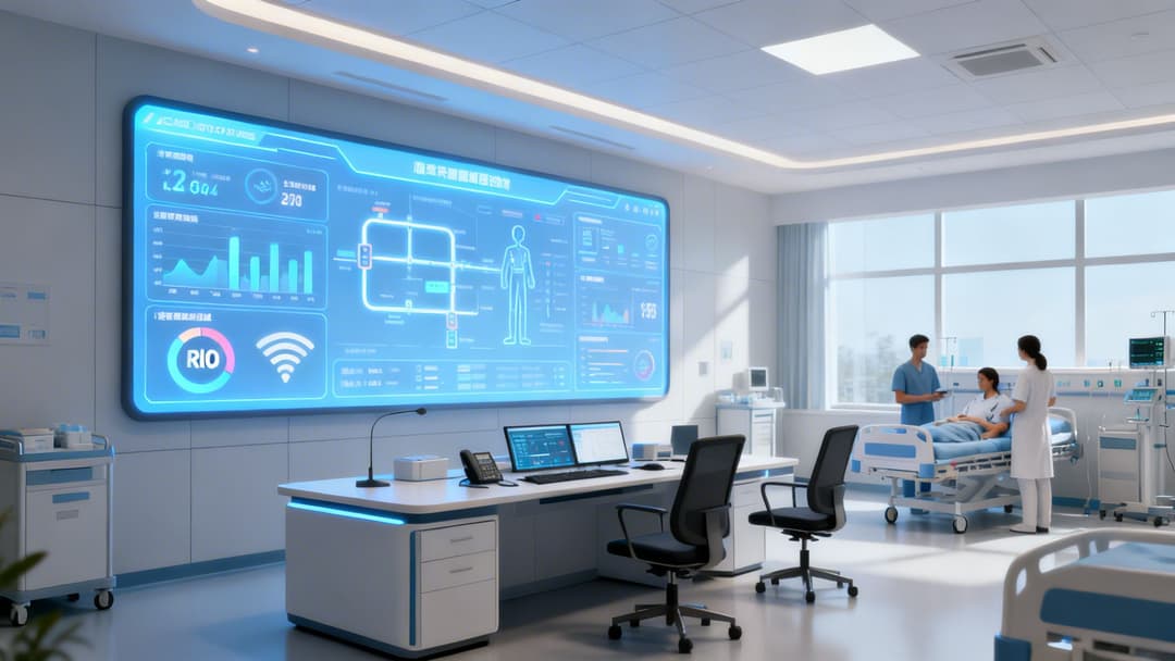 A high-tech hospital room featuring a patient in bed and a large digital screen displaying medical data.