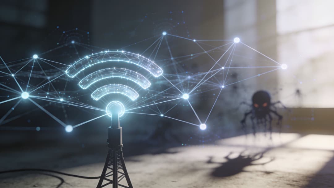 A glowing WiFi symbol interconnected with digital network nodes near a shadowy, menacing spider-like creature.