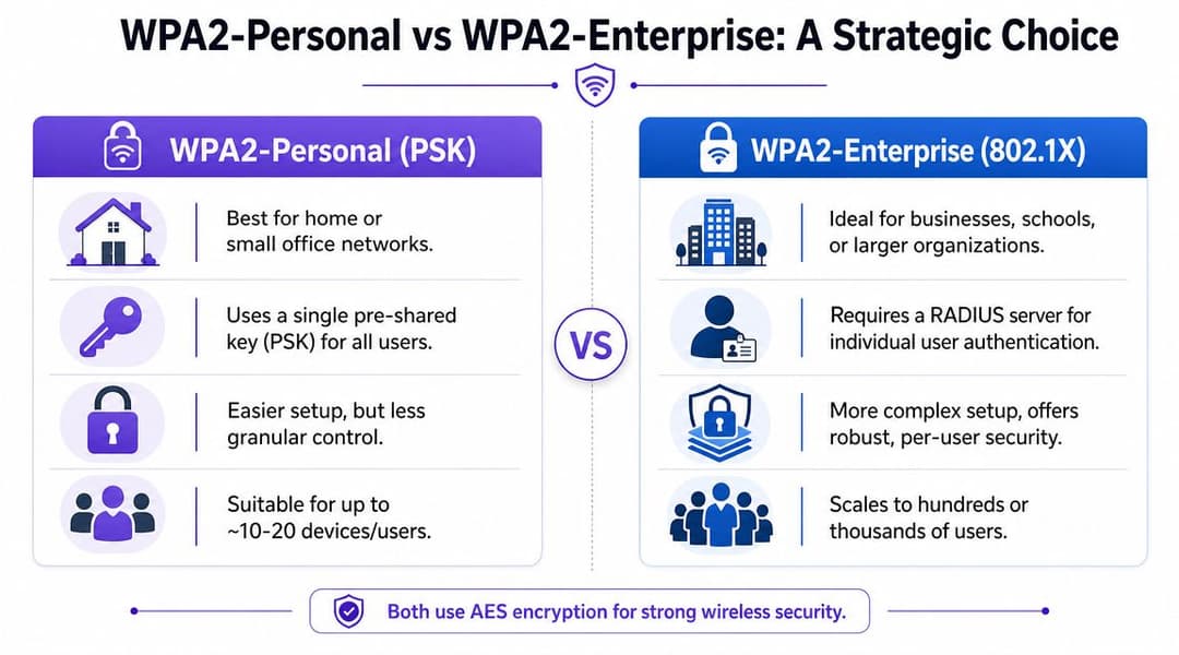 Une infographie comparative entre WPA2-Personal et WPA2-Enterprise soulignant leurs fonctionnalités clés, leur sécurité et leurs environnements d'utilisation prévus.