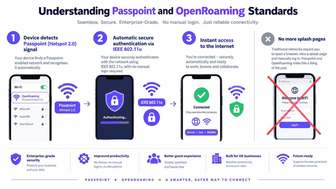 A diagram explaining how Passpoint and OpenRoaming standards provide automatic, secure, and seamless WiFi connectivity for devices.