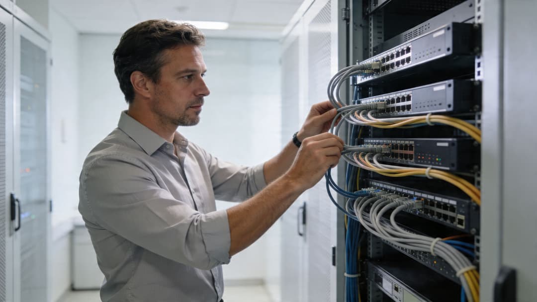 Um técnico de TI profissional inspecionando o cabeamento de rede dentro de um rack de servidores em um data center moderno.