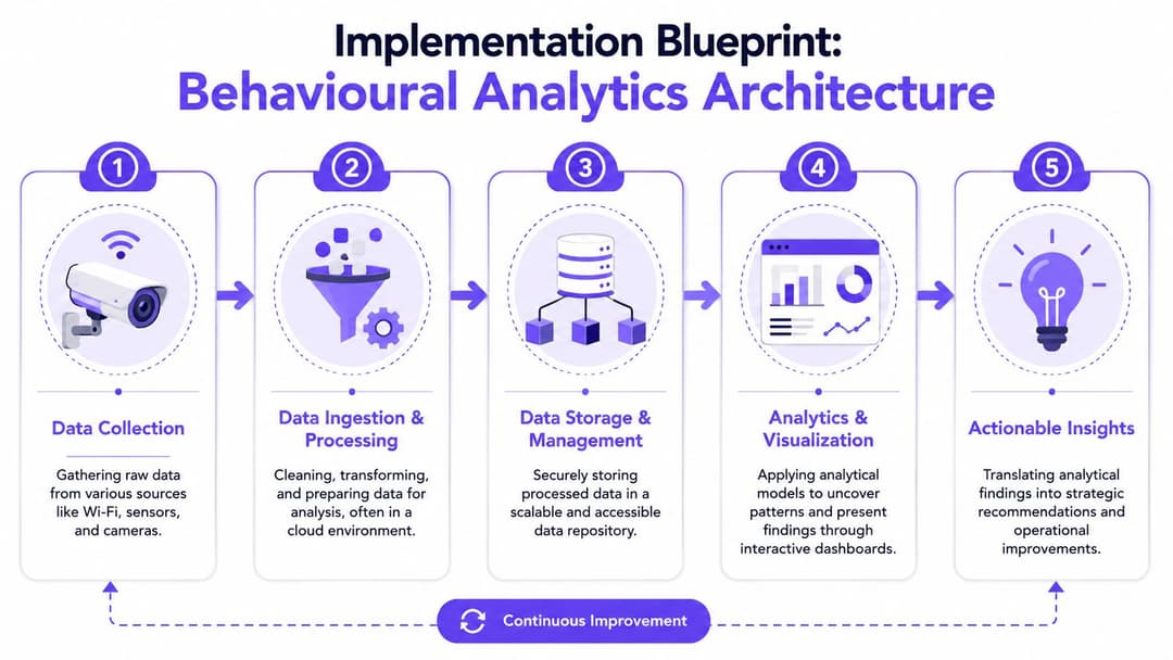 A five-step implementation blueprint for behavioural analytics architecture showing data collection through to generating actionable business insights.