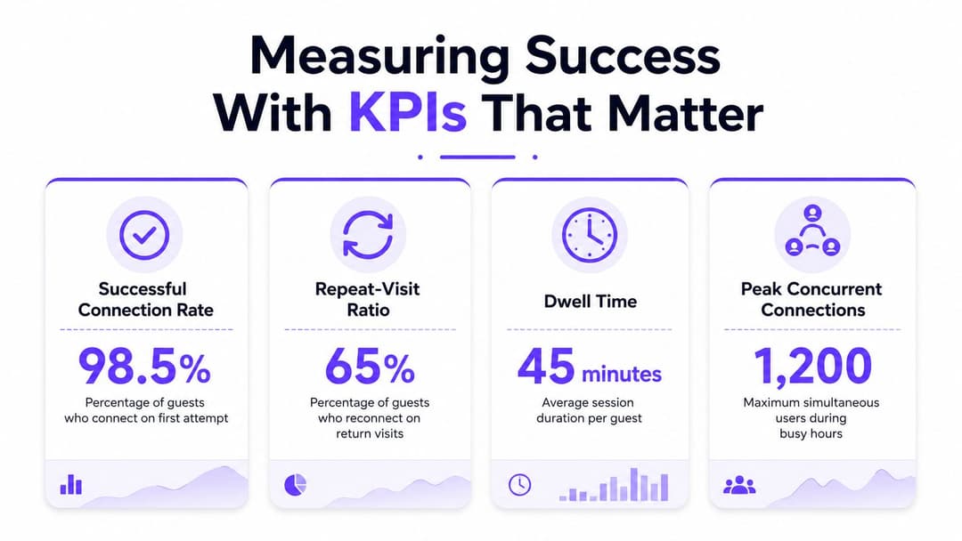 An infographic displaying four key performance indicators for guest WiFi success including connection rate, repeat visits, dwell time, and concurrent connections.