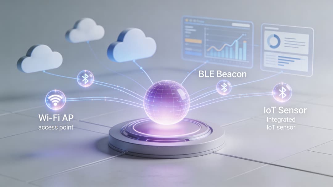 A digital graphic showing a central sphere connected to cloud icons, Wi-Fi, and IoT sensors representing connectivity.