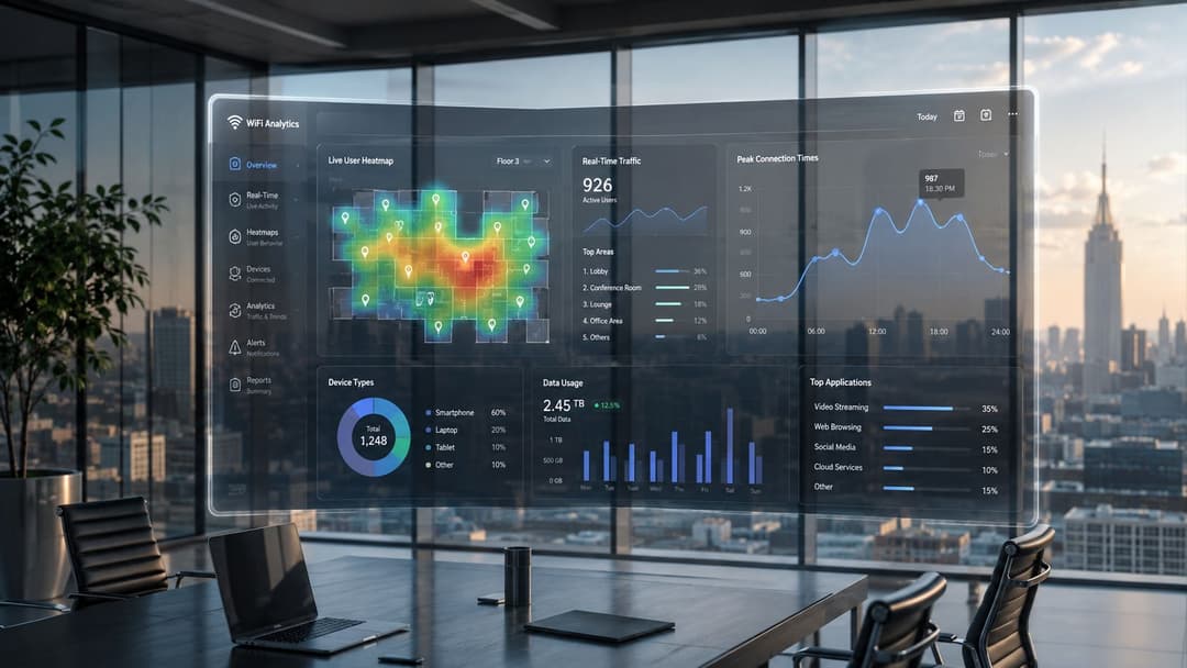 A futuristic glass dashboard displaying WiFi analytics, heatmaps, and network usage data in a modern office.