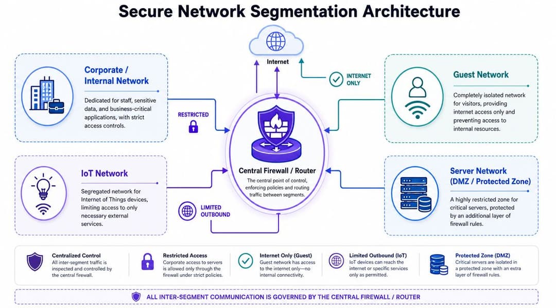 Un diagrama que ilustra una arquitectura de segmentación de red segura con un firewall central que controla el tráfico entre varias redes.
