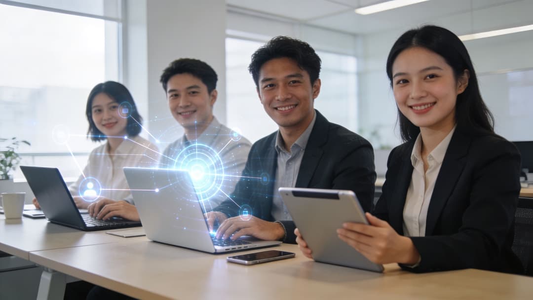 A professional team of four individuals working together in a modern office with digital connectivity graphics.