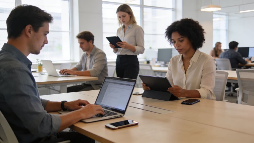 A professional team working on laptops and tablets in a modern, well-lit office environment.
