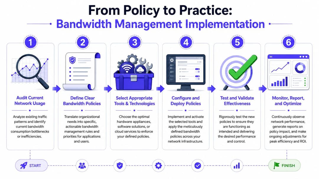 Une infographie en six étapes illustrant le processus de mise en œuvre de la gestion de la bande passante dans un environnement réseau d'entreprise.
