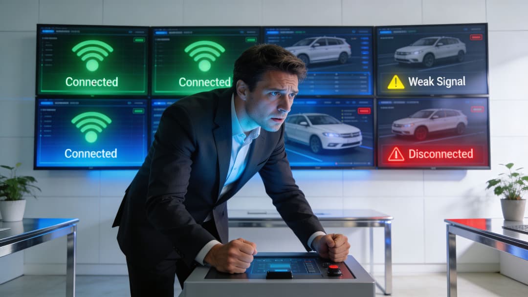 Un uomo d'affari preoccupato monitora gli schermi di stato della connessione dell'auto digitale in un ambiente di sala di controllo ad alta tecnologia.