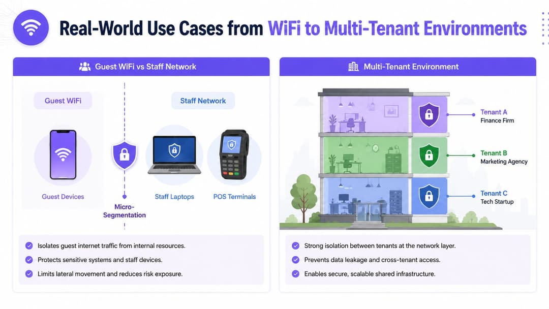 An infographic illustrating micro-segmentation use cases for guest WiFi networks and multi-family office building environments.