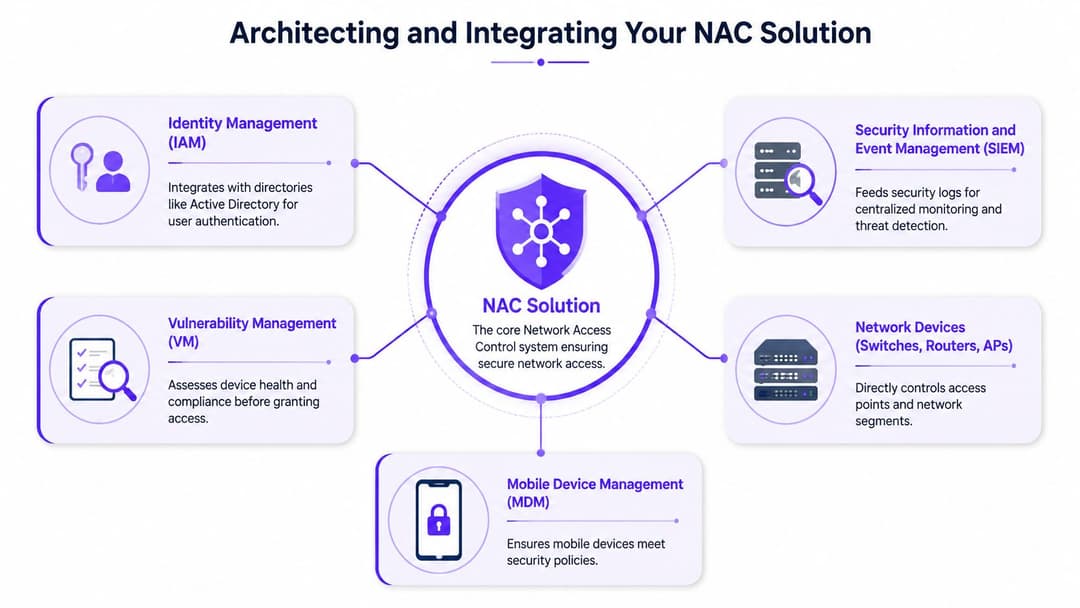 A diagram illustrating the architecture and integration of a Network Access Control system with security tools.