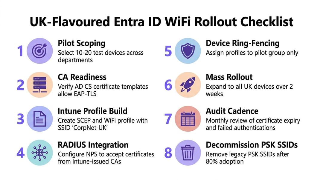 An eight-step instructional checklist for deploying Entra ID WiFi authentication in a US-based corporate environment.