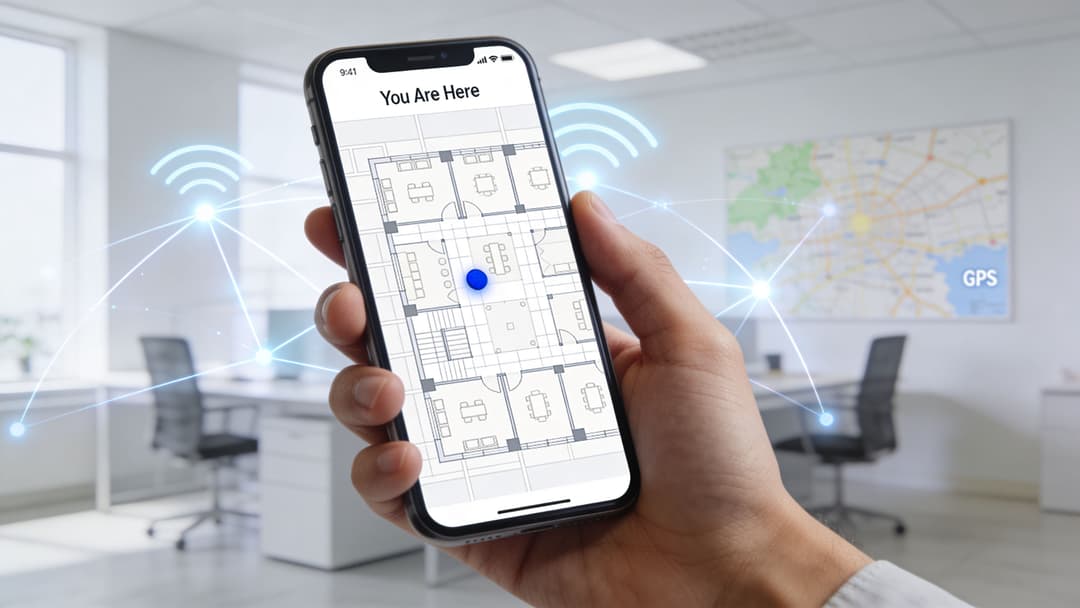 A hand holds a smartphone displaying an indoor positioning system floor plan map in an office.