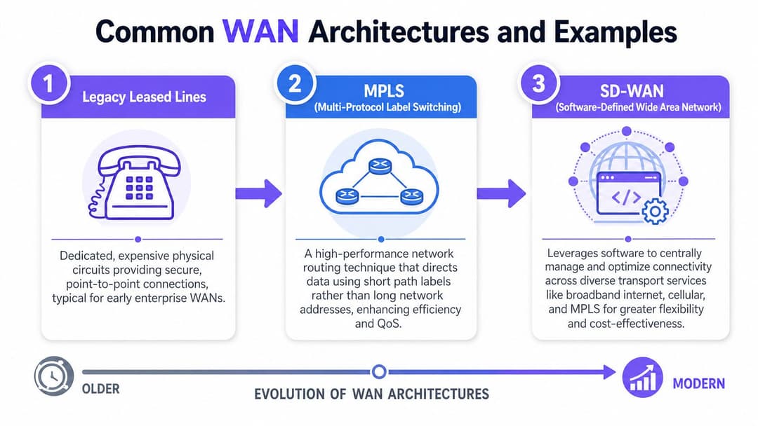 A diagram illustrating the evolution of WAN architectures from legacy leased lines to MPLS and modern SD-WAN.